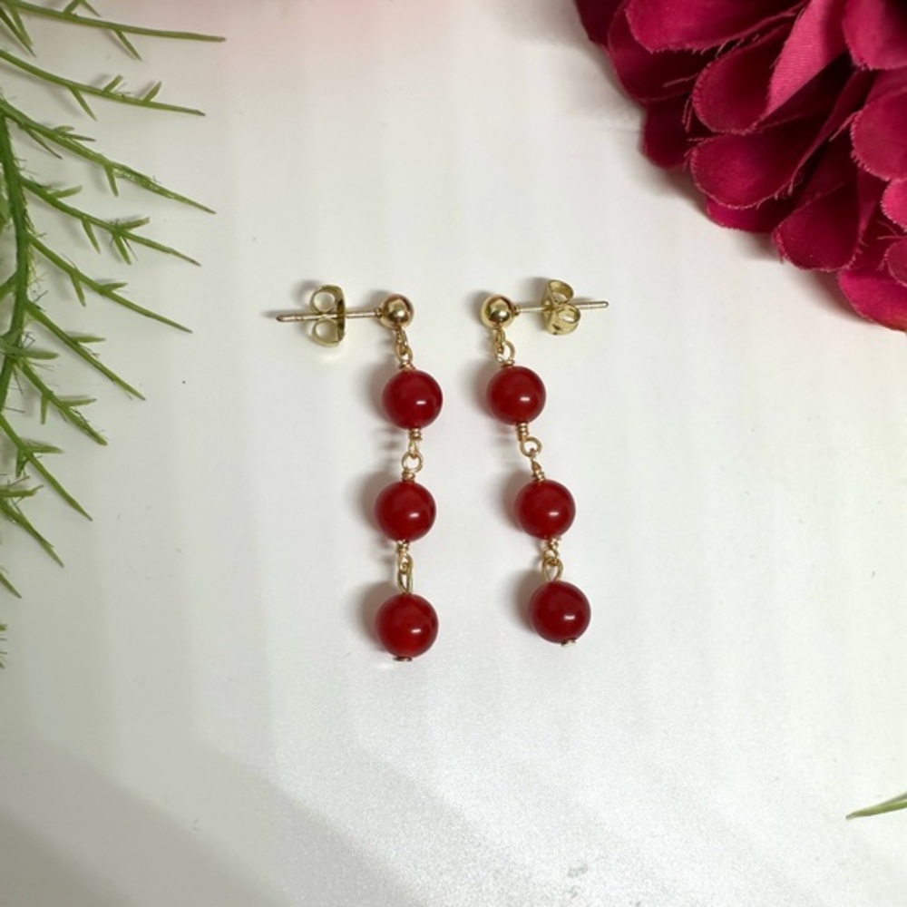 NEW⚜️Red Jade Gemstone Beaded Dangly Earrings